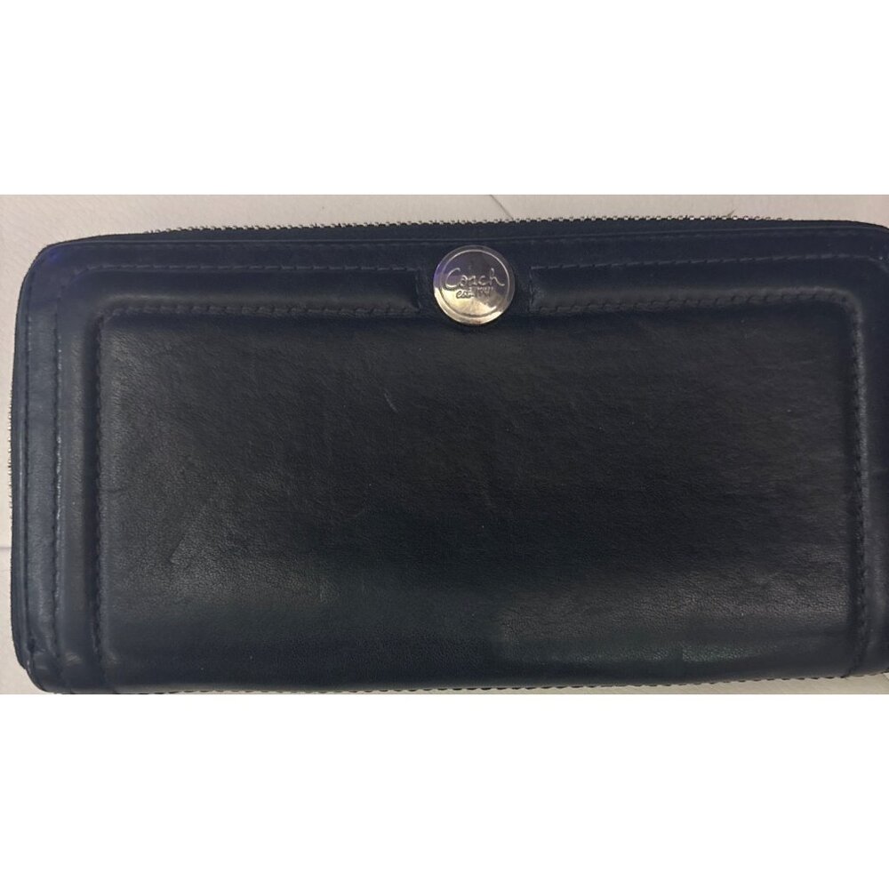 Vintage Coach Black Leather Zip Wallet  Script Logo Snap Classic Chic Card Slots